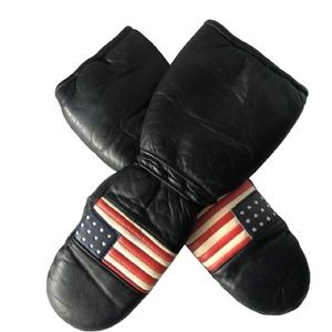 Vintage Black Leather USA American Flag Rayon Lined Snowmobile Biker Gloves